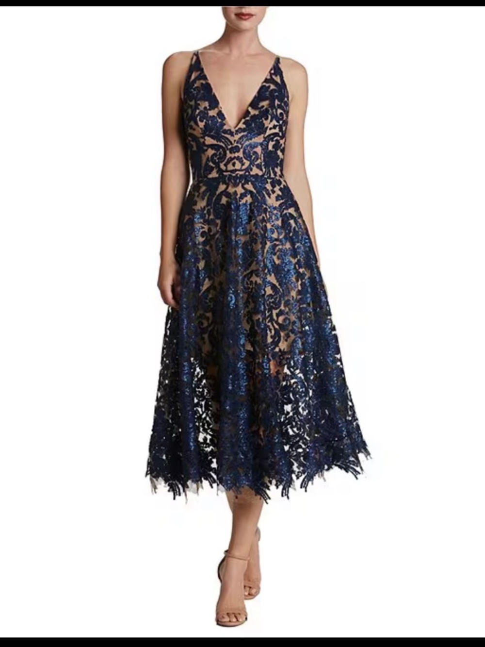 Dress the Population Navy Blue Floral Lace V-Neck Midi Dress